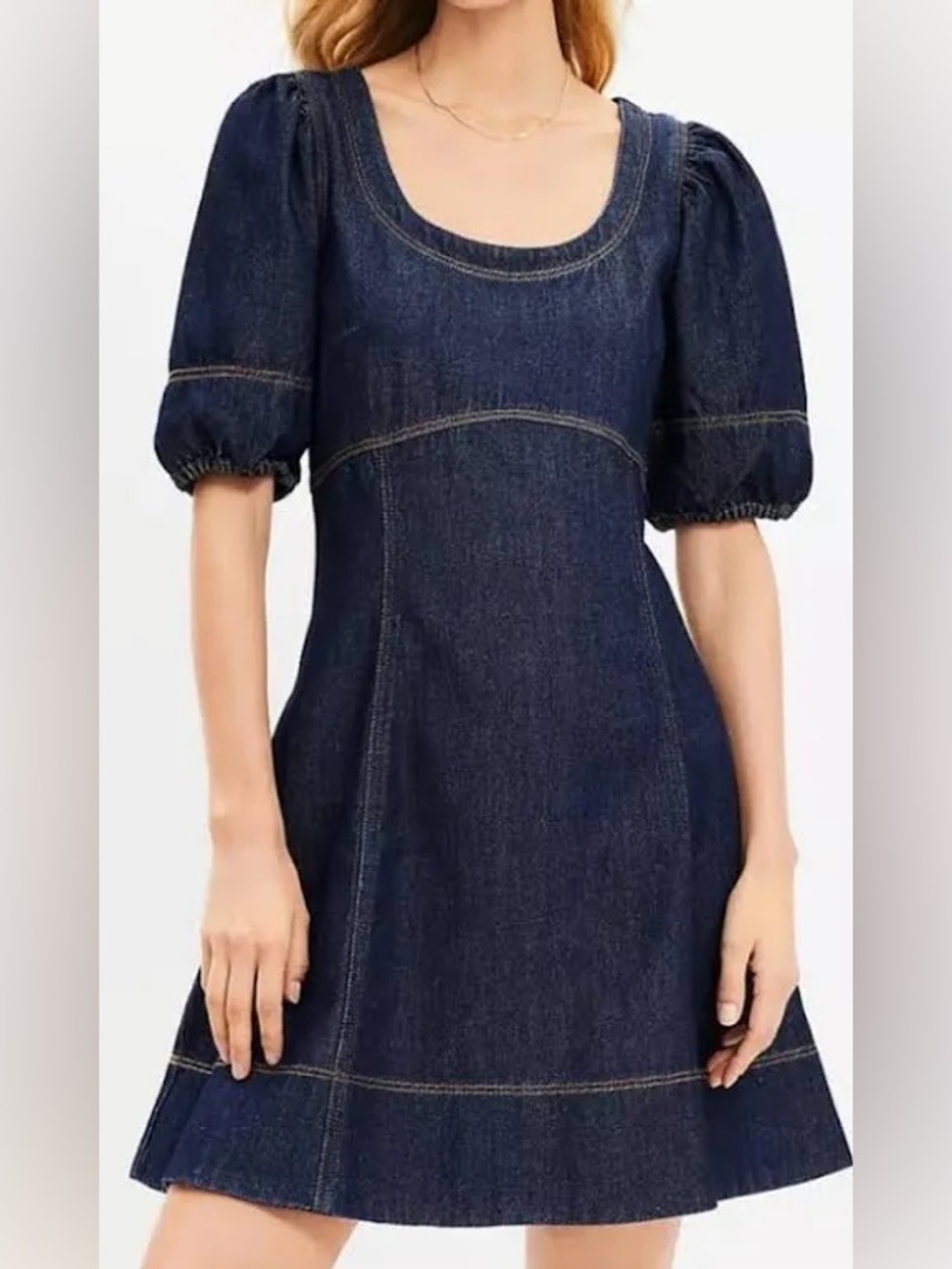 LOFT Denim Puff Sleeve Swing Dress Dark Blue 14 NWT